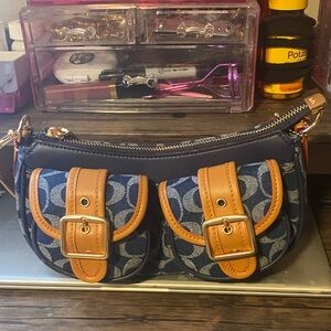 Coach Blue and Tan Shoulder Bag